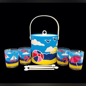 ITEMAKERS Sailboat Ice‎ Bucket Cooler 4 Tumblers 4 Stirrers Beach Pool Vintage